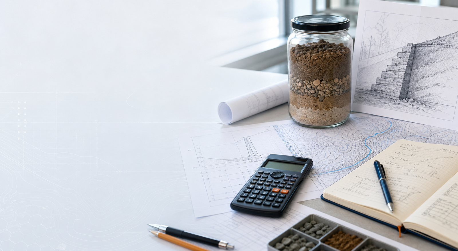 Civil engineering desk with calculator, map, and soil sample